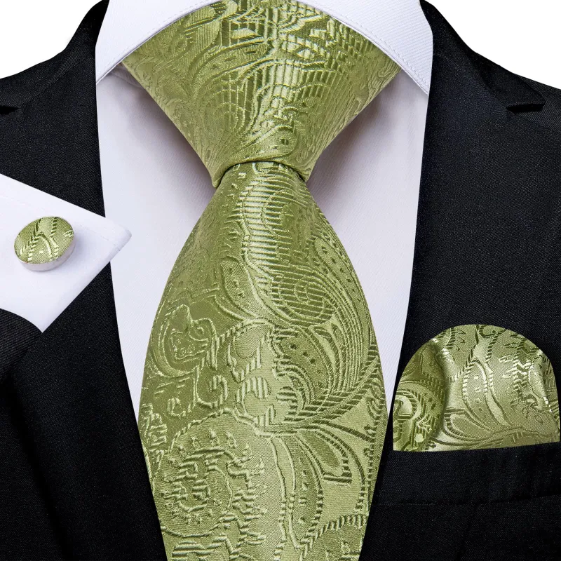 Ties2you Mens Olive Green Paisley Tie Wedding Dress Silk Necktie Pocket Square Cufflinks Set made by Ties2You