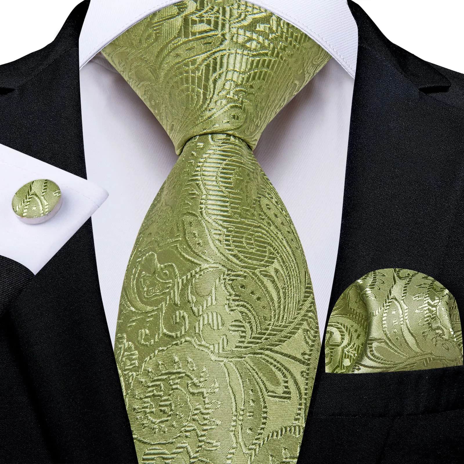 Ties2you Mens Olive Green Paisley Tie Wedding Dress Silk Necktie Pocket Square Cufflinks Set sold by Ties2You
