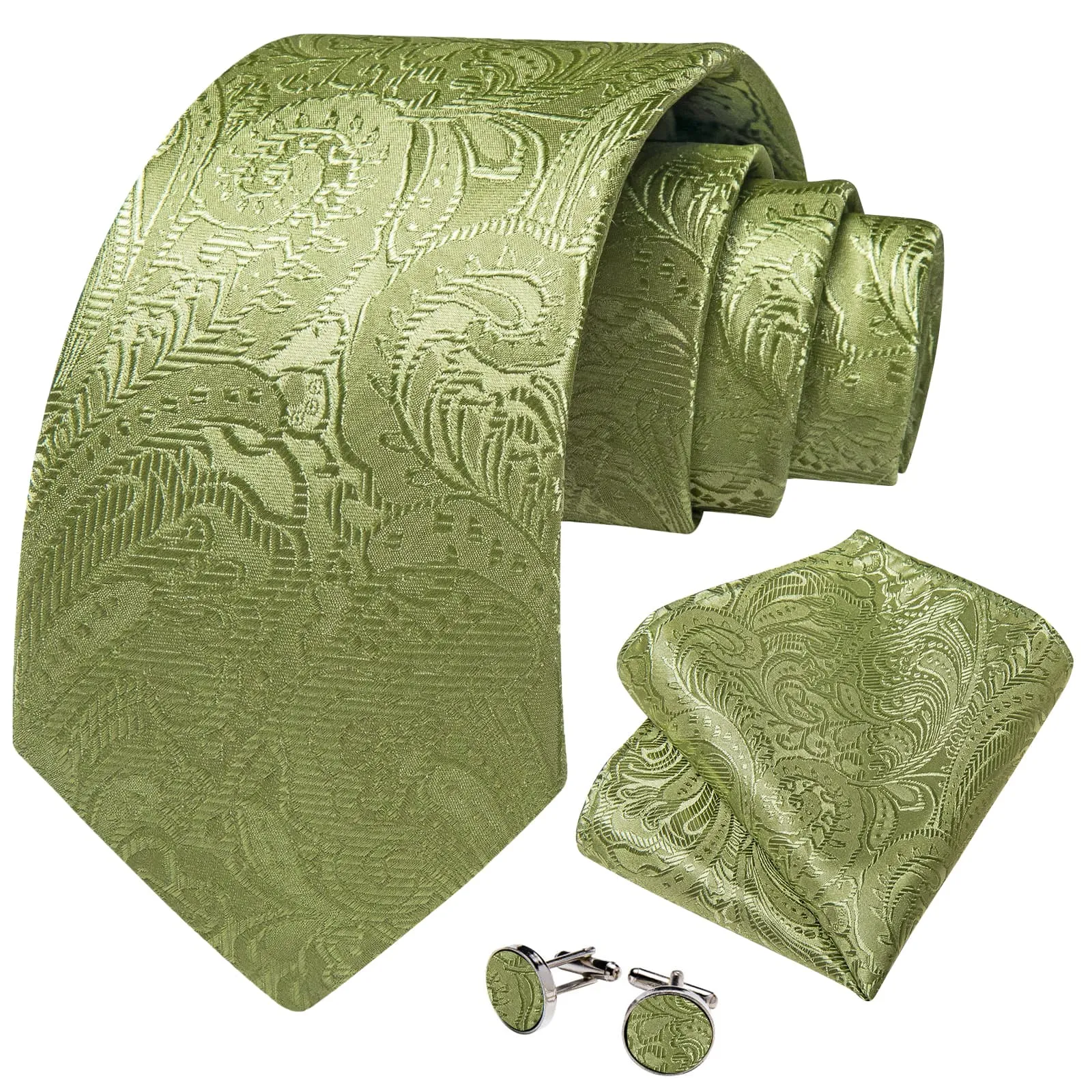 Ties2you Mens Olive Green Paisley Tie Wedding Dress Silk Necktie Pocket Square Cufflinks Set sold by Ties2You product image thumbnail 2