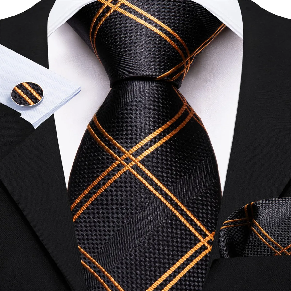 Ties2you Golden Plaid 63 Inch Tie for Men Silk Formal Business Black Necktie Hanky Set Extra Long sold by Ties2You product image thumbnail 3