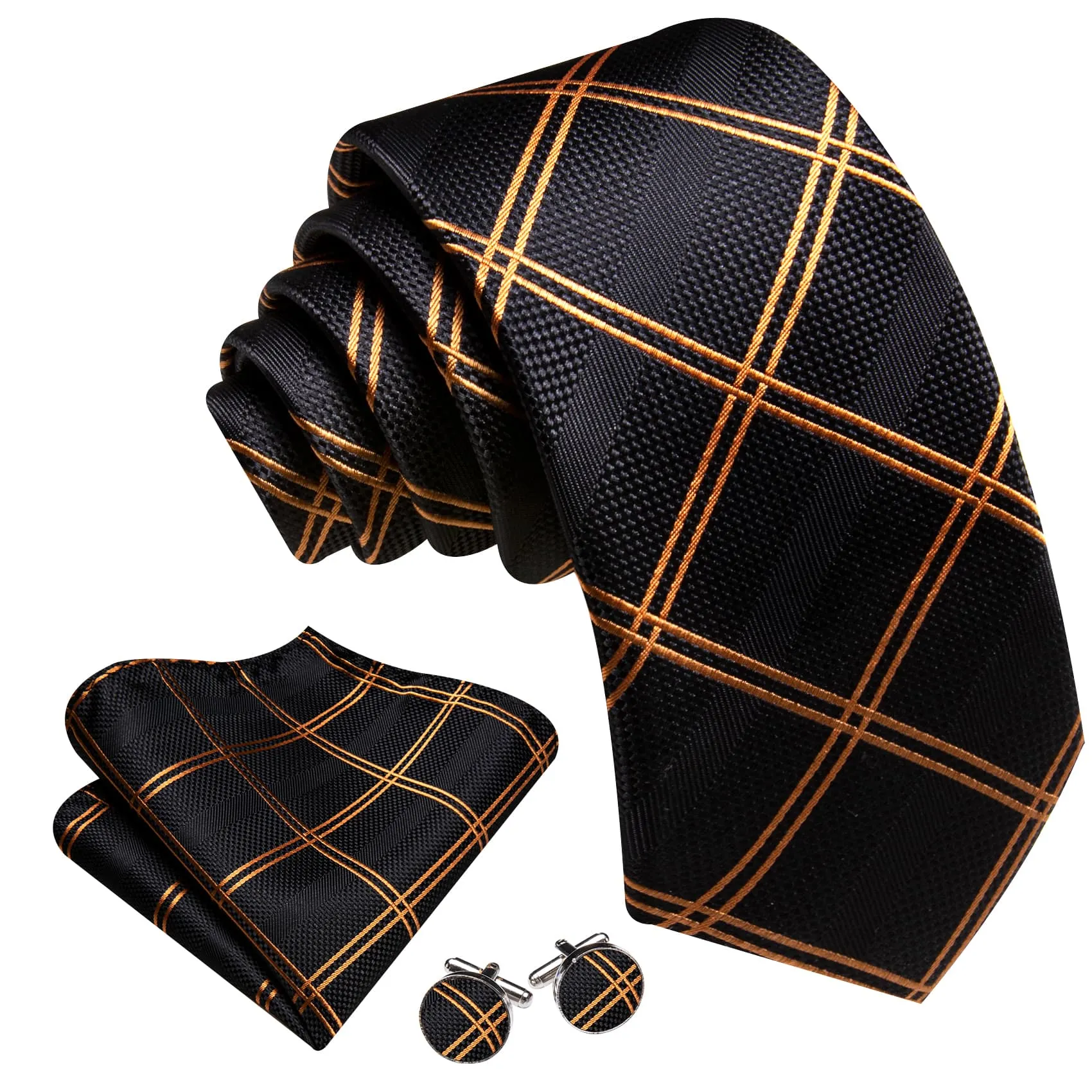 Ties2you Golden Plaid 63 Inch Tie for Men Silk Formal Business Black Necktie Hanky Set Extra Long sold by Ties2You product image thumbnail 2