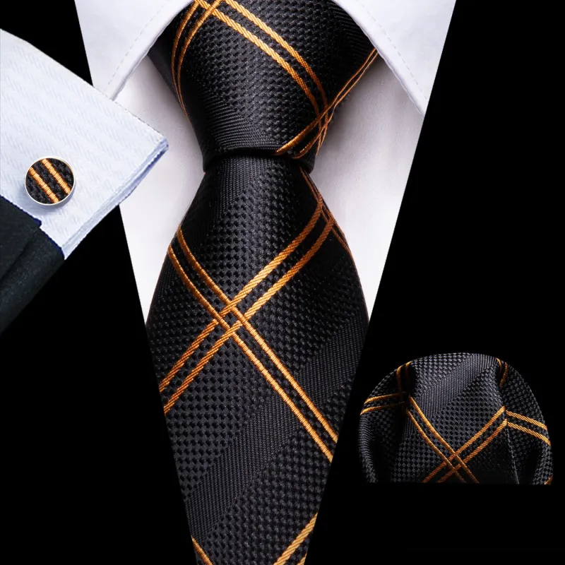 Ties2you Golden Plaid 63 Inch Tie for Men Silk Formal Business Black Necktie Hanky Set Extra Long made by Ties2You