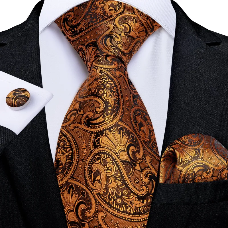 Ties2you Men's Orange Paisley Tie for Formal Silk Jacquard Pocket Square Cufflinks Necktie Set made by Ties2You