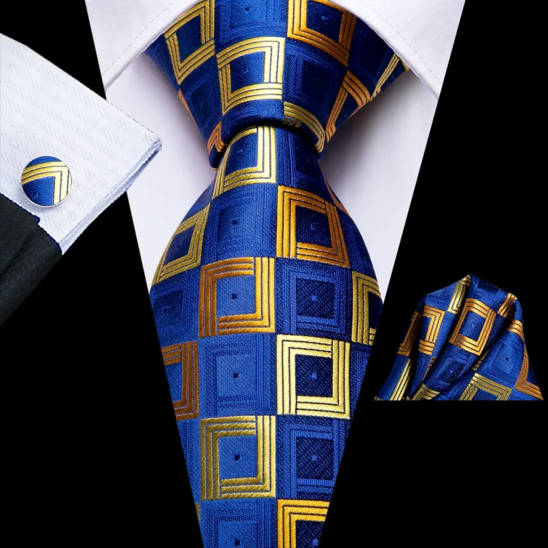 Ties2you Royal Blue Plaid Tie for Men Golden Silk Formal Necktie Handkercheif Cufflinks Set made by Ties2You