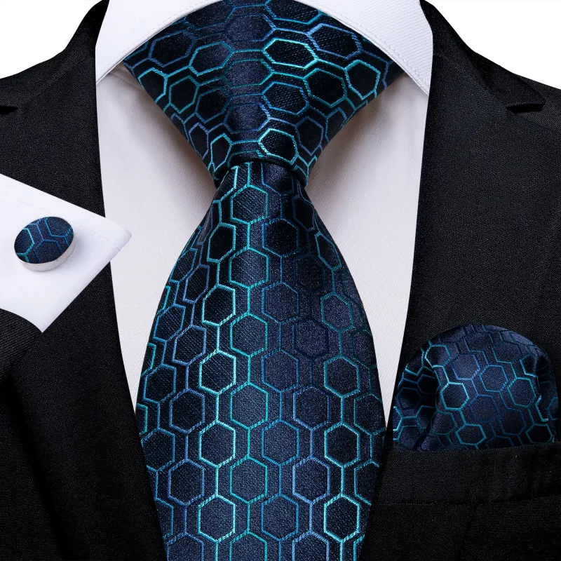 Ties2you Men's Teal Geometric Silk Tie Pocket Square Cufflinks Necktie Set for Formal Business made by Ties2You