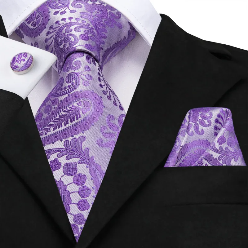 Ties2you Mens Lavender Paisley Tie for Formal Silk Purple Necktie Cufflinks Handkerchief Set made by Ties2You
