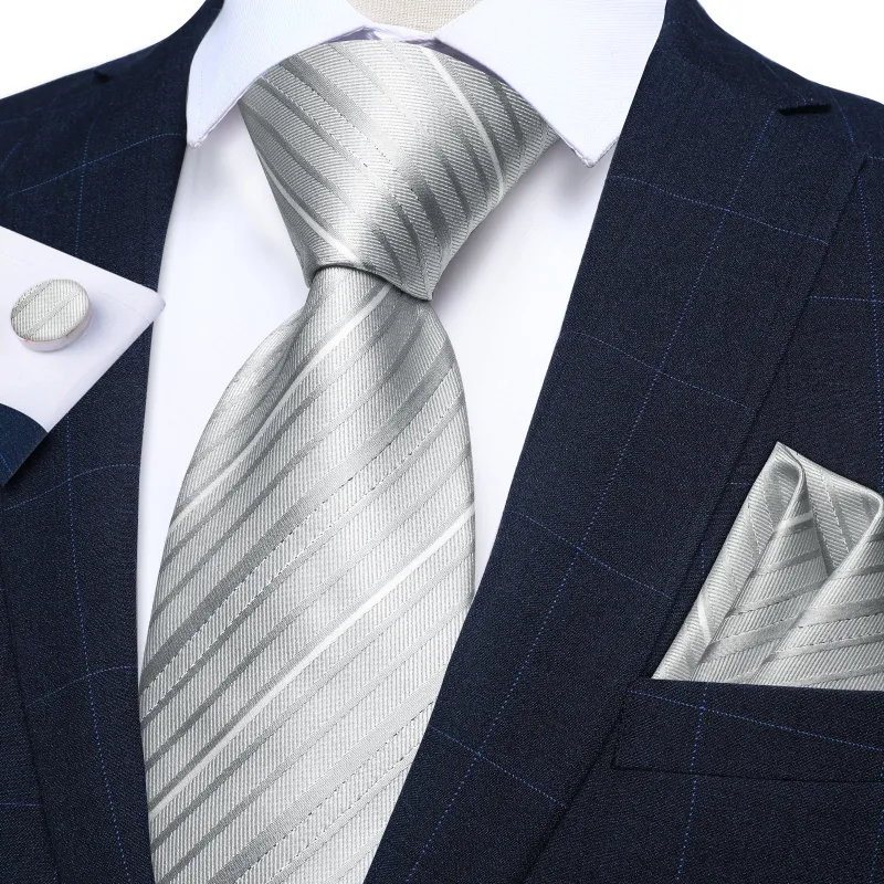 Ties2you Silver Striped Tie Pocket Square Mens Necktie Hanky Cufflinks Set Formal Dress made by Ties2You