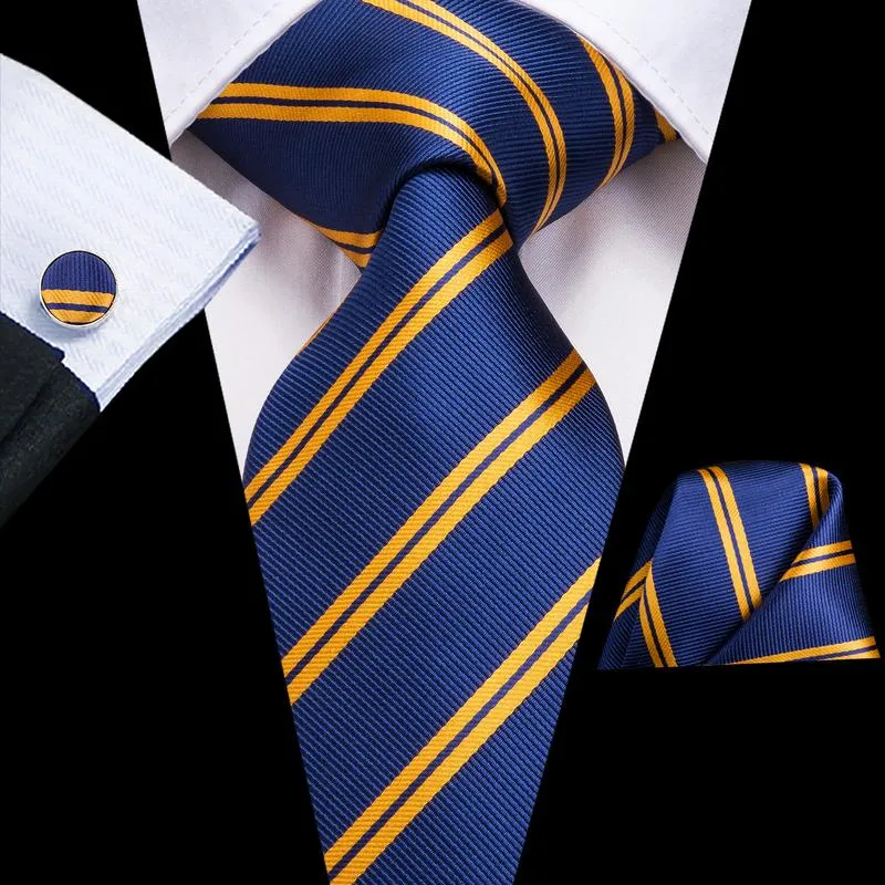 Ties2you Mens Blue Golden Striped Tie Business Silk Necktie Handkerchief Cufflinks Set sold by Ties2You