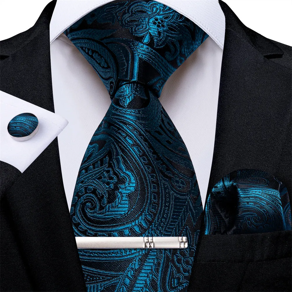 Ties2you Teal Black Paisley Necktie Business Silk Jacquard Men's Tie Handkerchief Cufflinks Set sold by Ties2You product image thumbnail 2