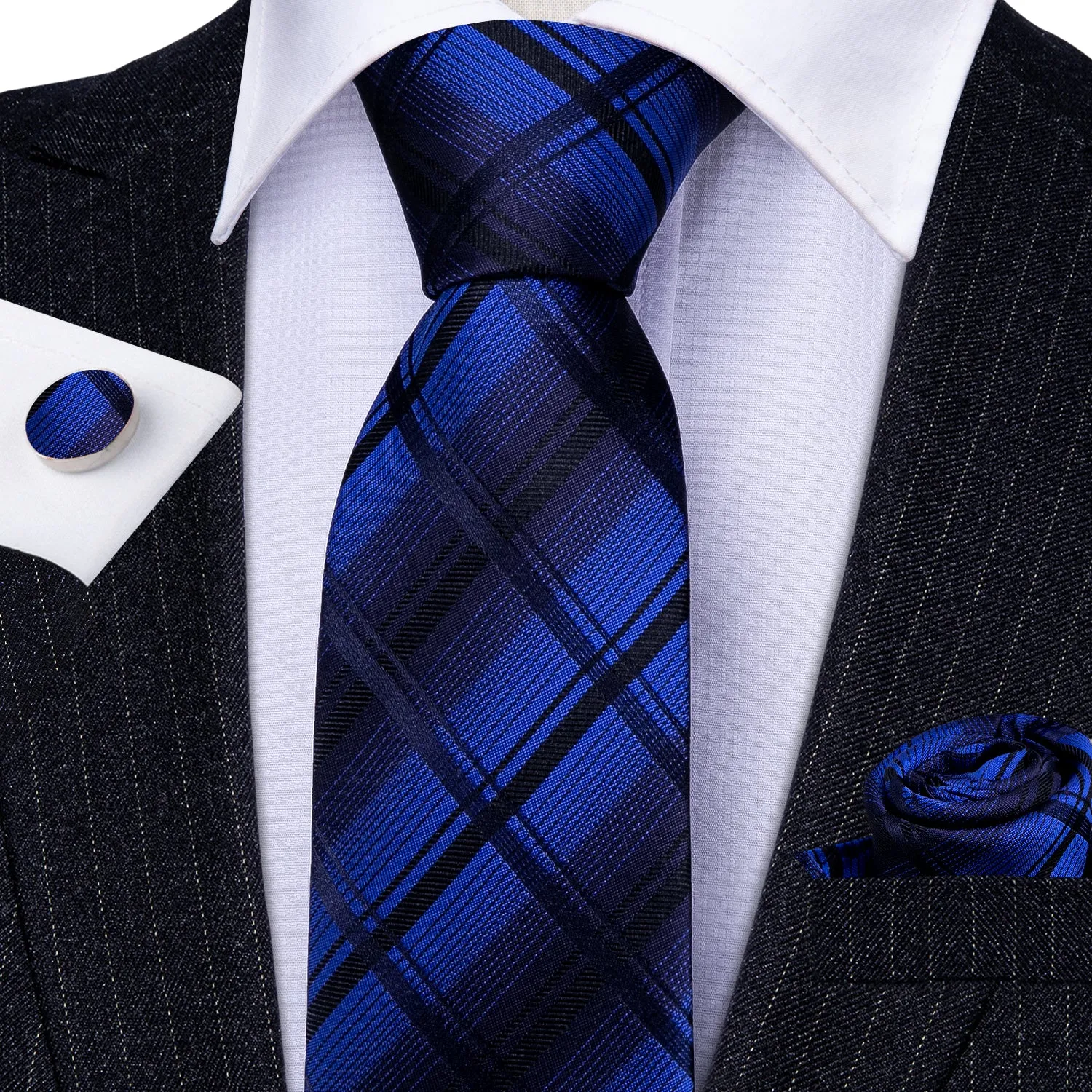 Ties2you Men's Royal Blue Plaid Tie Silk Business Black Necktie Pocket Square Cufflinks Set sold by Ties2You product image thumbnail 4