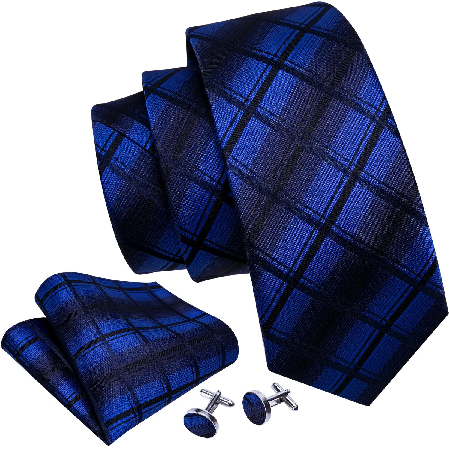 Ties2you Men's Royal Blue Plaid Tie Silk Business Black Necktie Pocket Square Cufflinks Set sold by Ties2You product image thumbnail 2