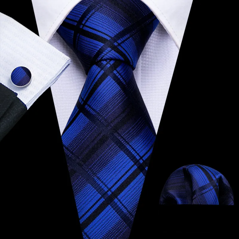 Ties2you Men's Royal Blue Plaid Tie Silk Business Black Necktie Pocket Square Cufflinks Set made by Ties2You