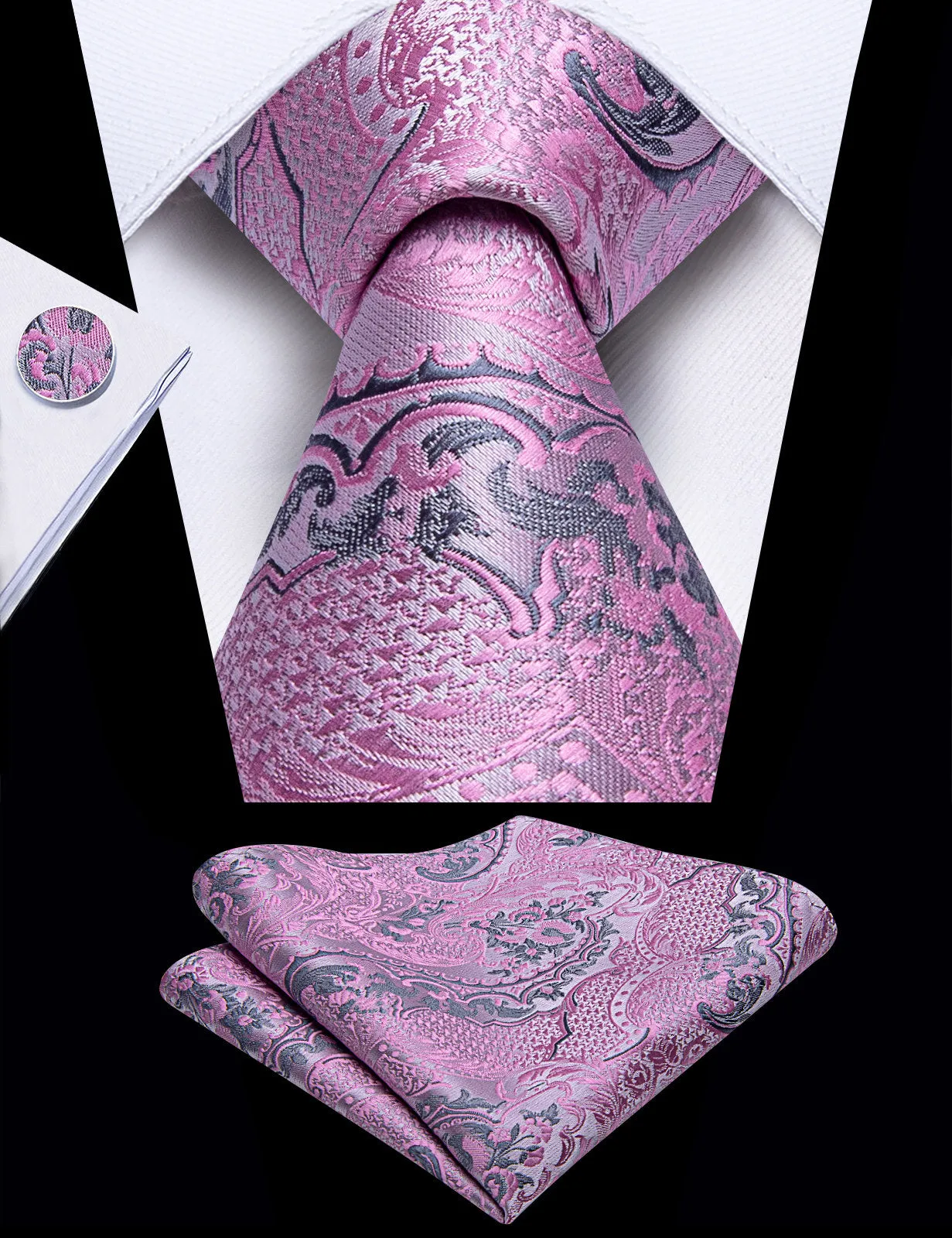 Ties2you Paisley Necktie Mens 70 Inches Pink Extra Long Tie Pocket Square Cufflinks Set sold by Ties2You product image thumbnail 2