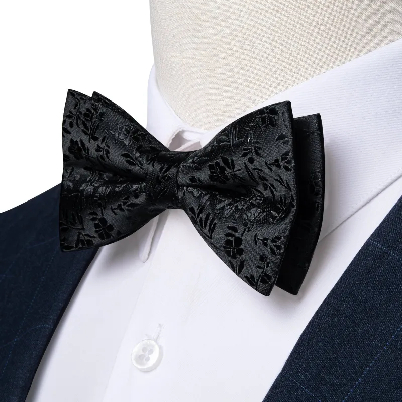 Ties2you Black Floral Bow Tie for Men Pre-tie Formal Wedding Bowtie Handkerchief Cufflinks Set made by Ties2You