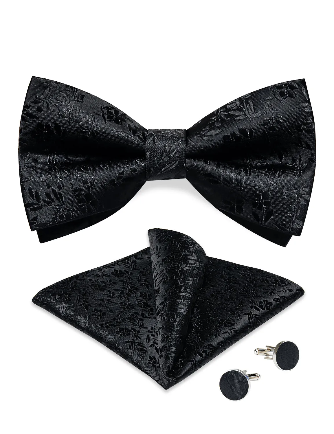 Ties2you Black Floral Bow Tie for Men Pre-tie Formal Wedding Bowtie Handkerchief Cufflinks Set sold by Ties2You product image thumbnail 2
