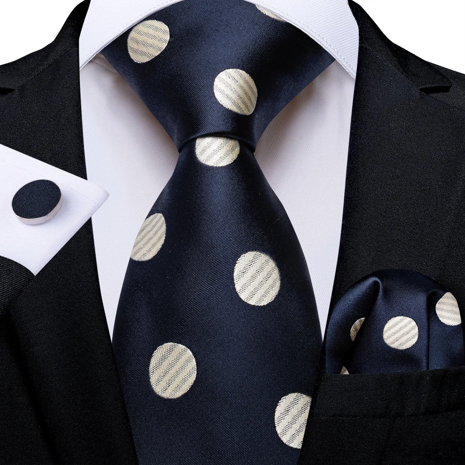 Summer End Sale Navy Blue Tie for Men Polka Dot Silk Necktie Pocket Square Cufflinks Set sold by Ties2You