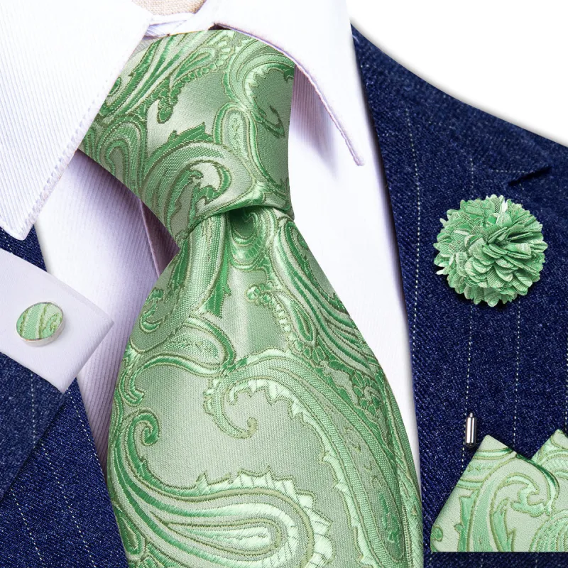 Ties2you Paisley Sage Green Necktie for Men Wedding Tie Handkerchief Cufflinks Lapel Pin Set made by Ties2You