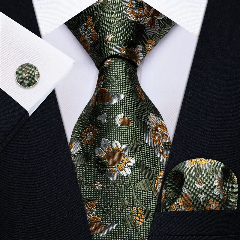 Ties2you Floral Tie for Men Olive Green Wedding Necktie Handkerchief Cufflinks Set made by Ties2You