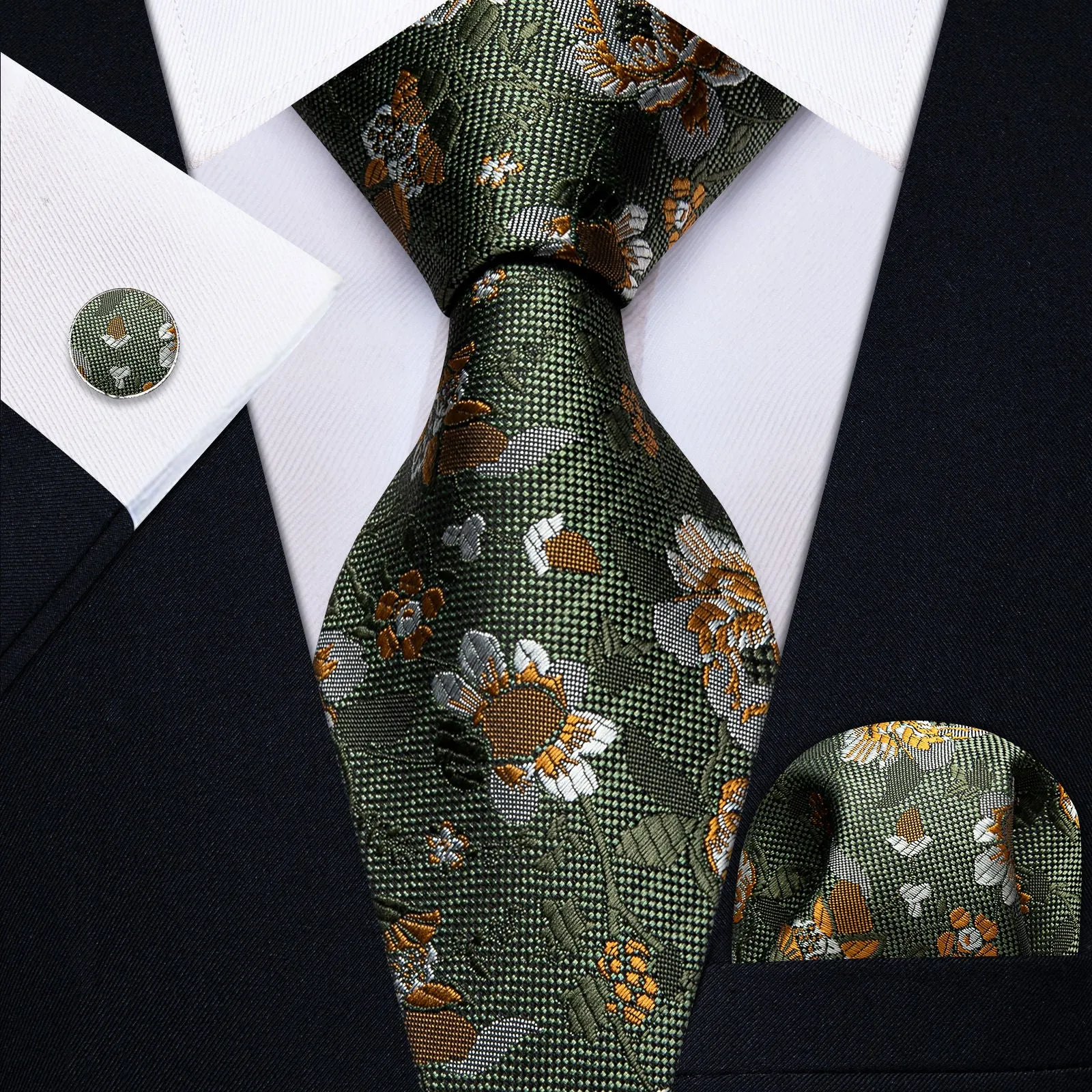 Ties2you Floral Tie for Men Olive Green Wedding Necktie Handkerchief Cufflinks Set sold by Ties2You