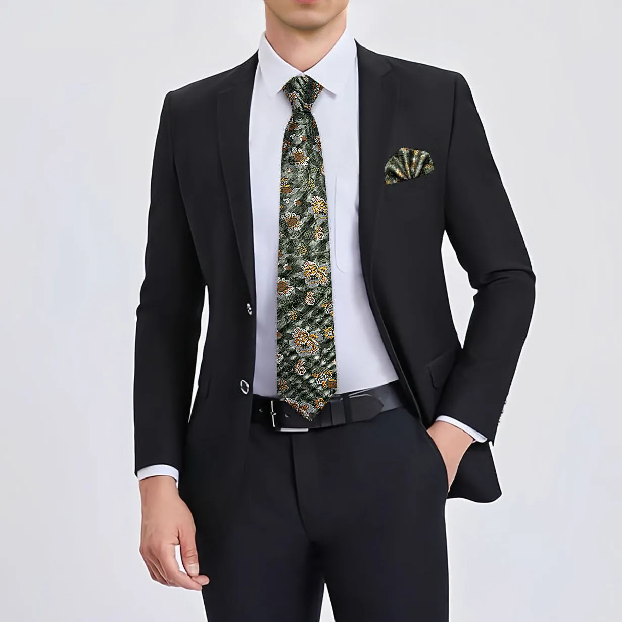 Ties2you Floral Tie for Men Olive Green Wedding Necktie Handkerchief Cufflinks Set sold by Ties2You product image thumbnail 5