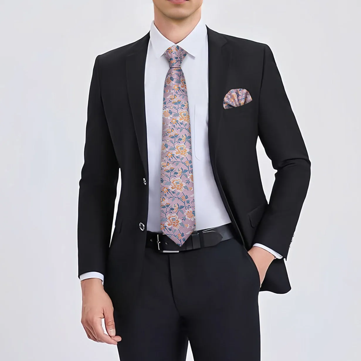 Ties2you Floral Pink Tie for Men Wedding Necktie Handkerchief Cufflinks Set sold by Ties2You product image thumbnail 5