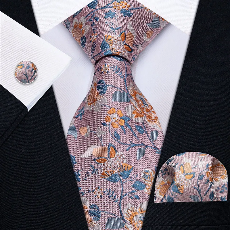 Ties2you Floral Pink Tie for Men Wedding Necktie Handkerchief Cufflinks Set made by Ties2You