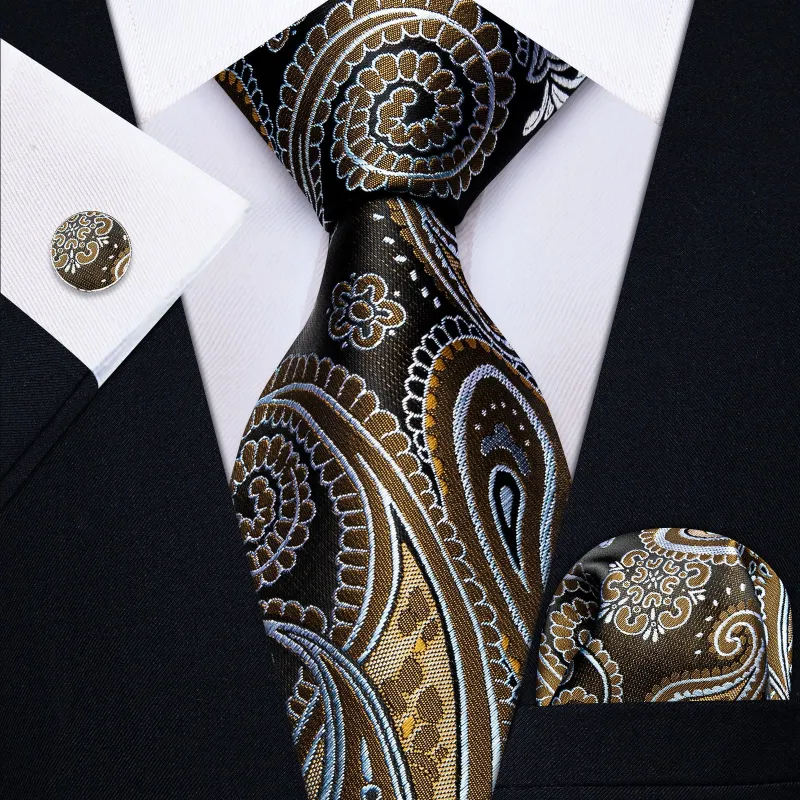 Ties2you Paisley Tie for Men Brown Necktie Handkerchief Cufflinks Set made by Ties2You