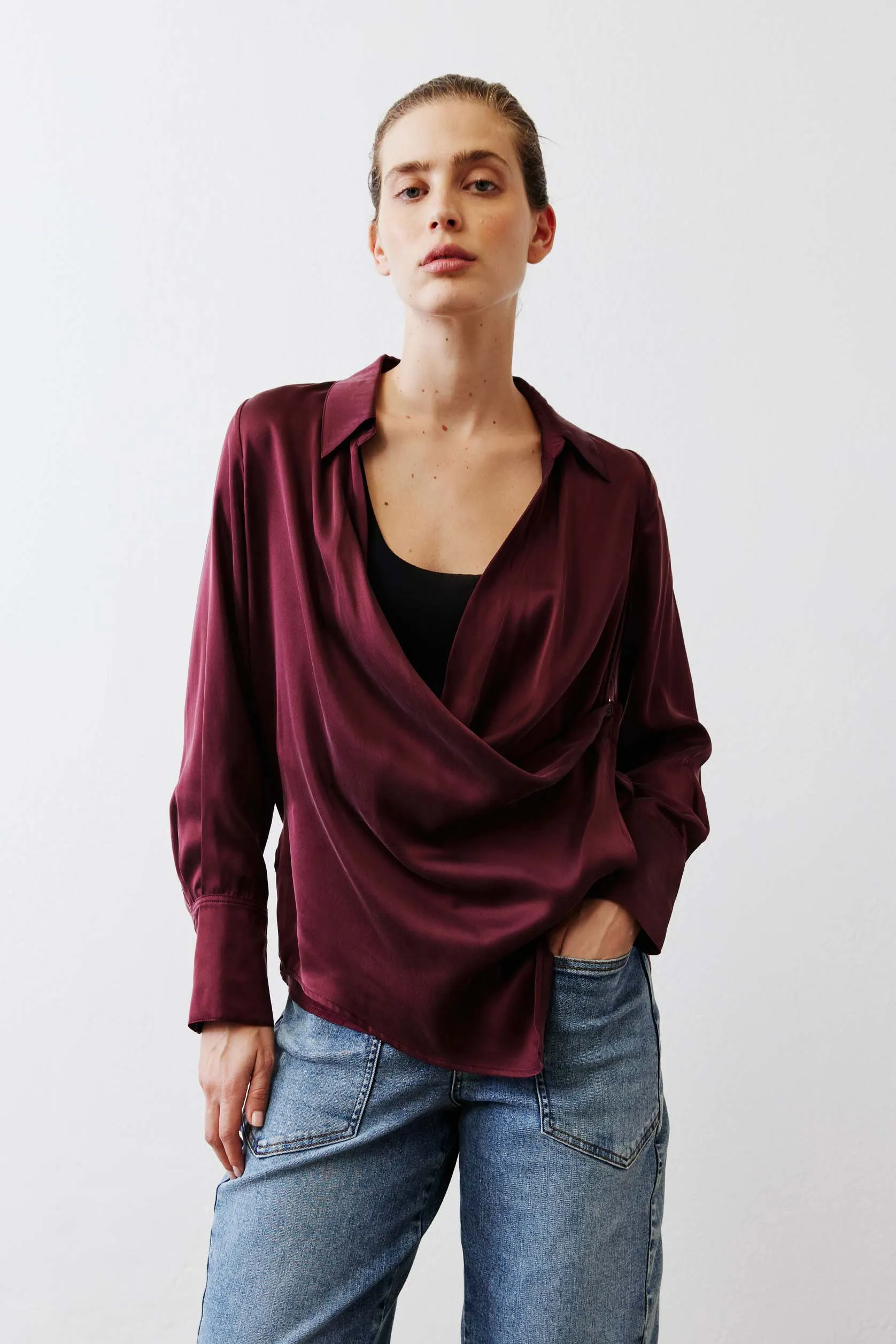 Collared Wrap Washable Silk Blouse sold by Ruti