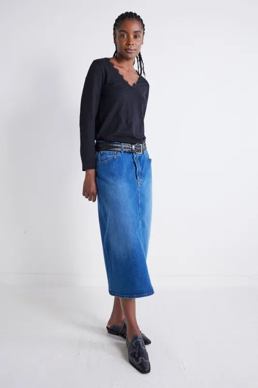 The 90's Denim Midi Skirt sold by Ruti