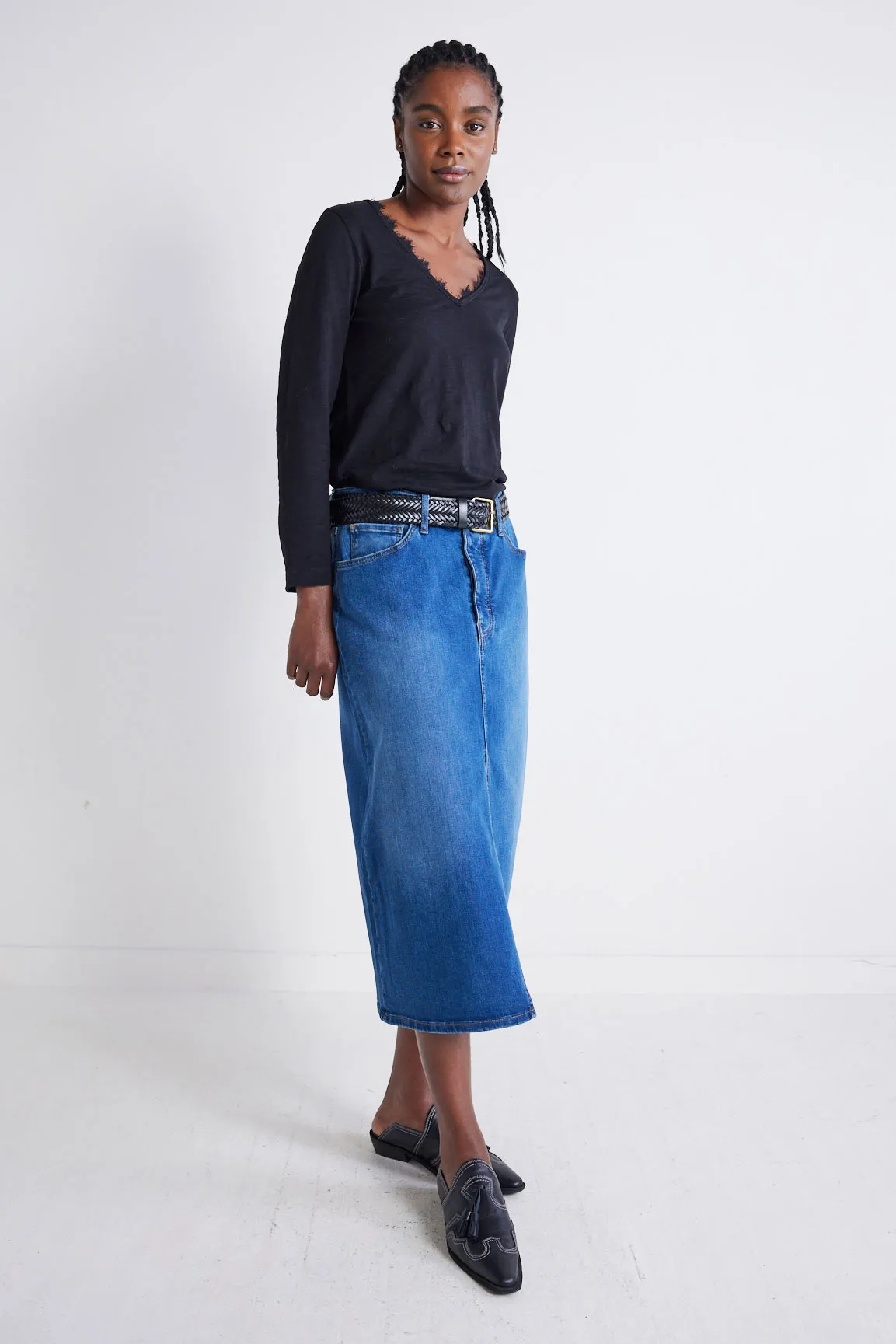 The 90's Denim Midi Skirt sold by Ruti