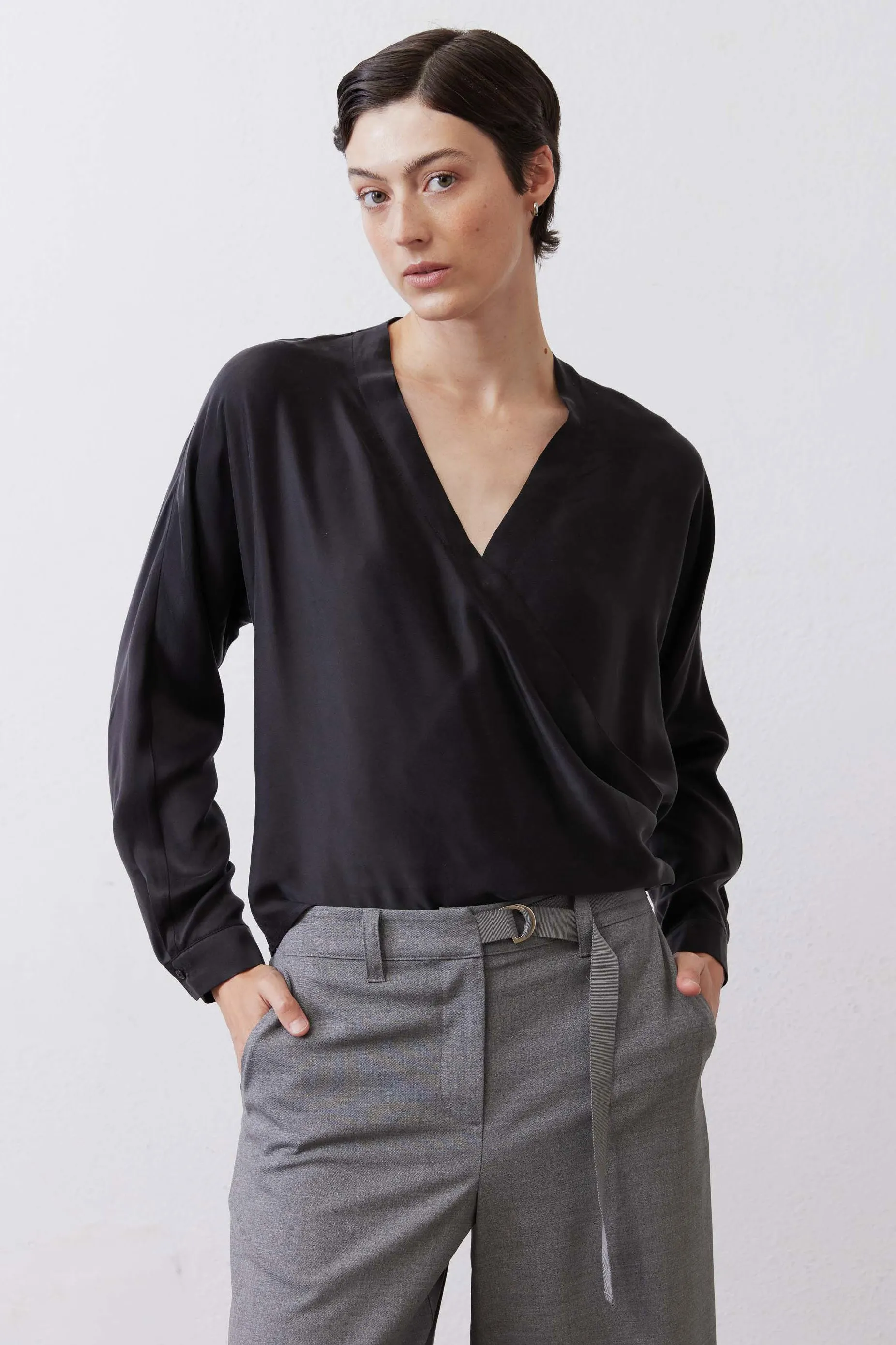 Long Sleeve Wrap Washable Silk Blouse sold by Ruti