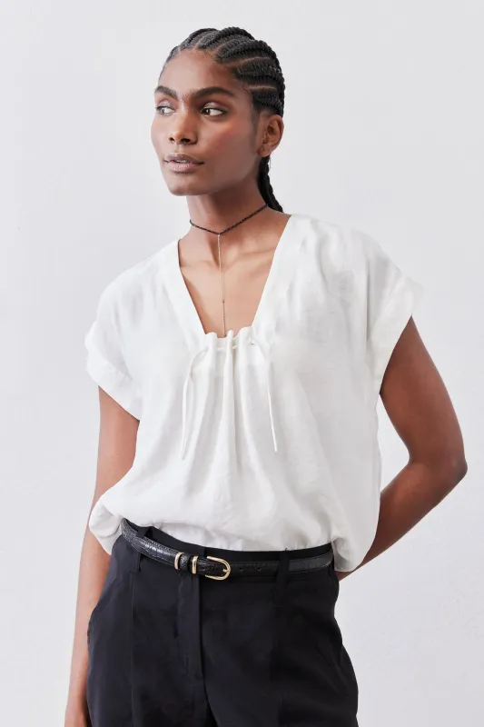 Cinched Neck Light Poplin Top made by Ruti