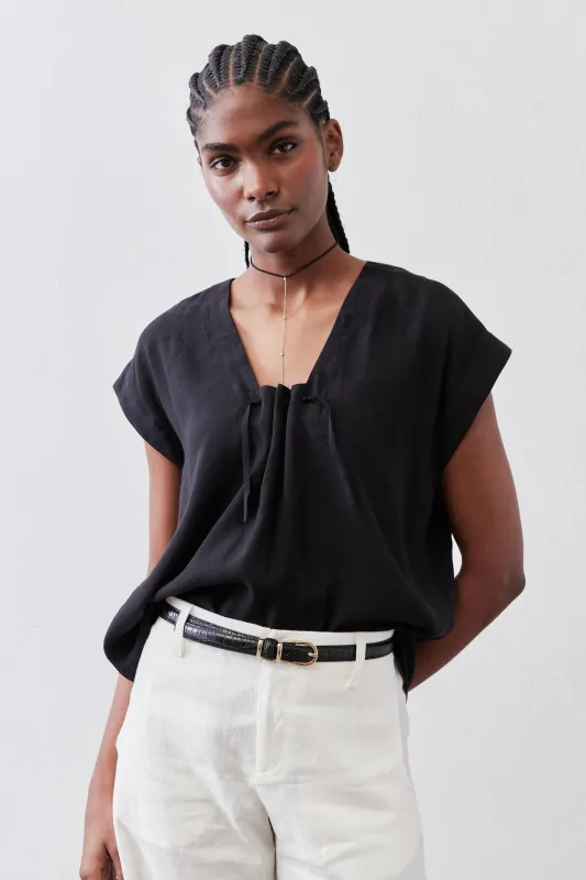 Cinched Neck Light Poplin Top made by Ruti