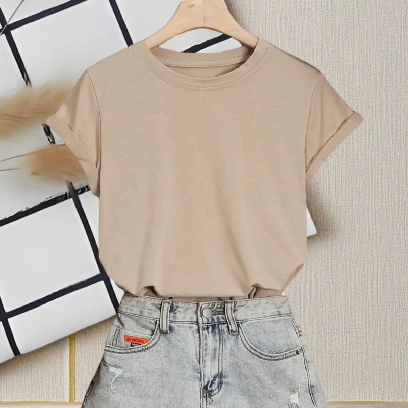 Crew neck t-shirt women's short-sleeved summer 2025 solid color new short-sleeved cotton-containing t-shirt casual versatile top made by Negative