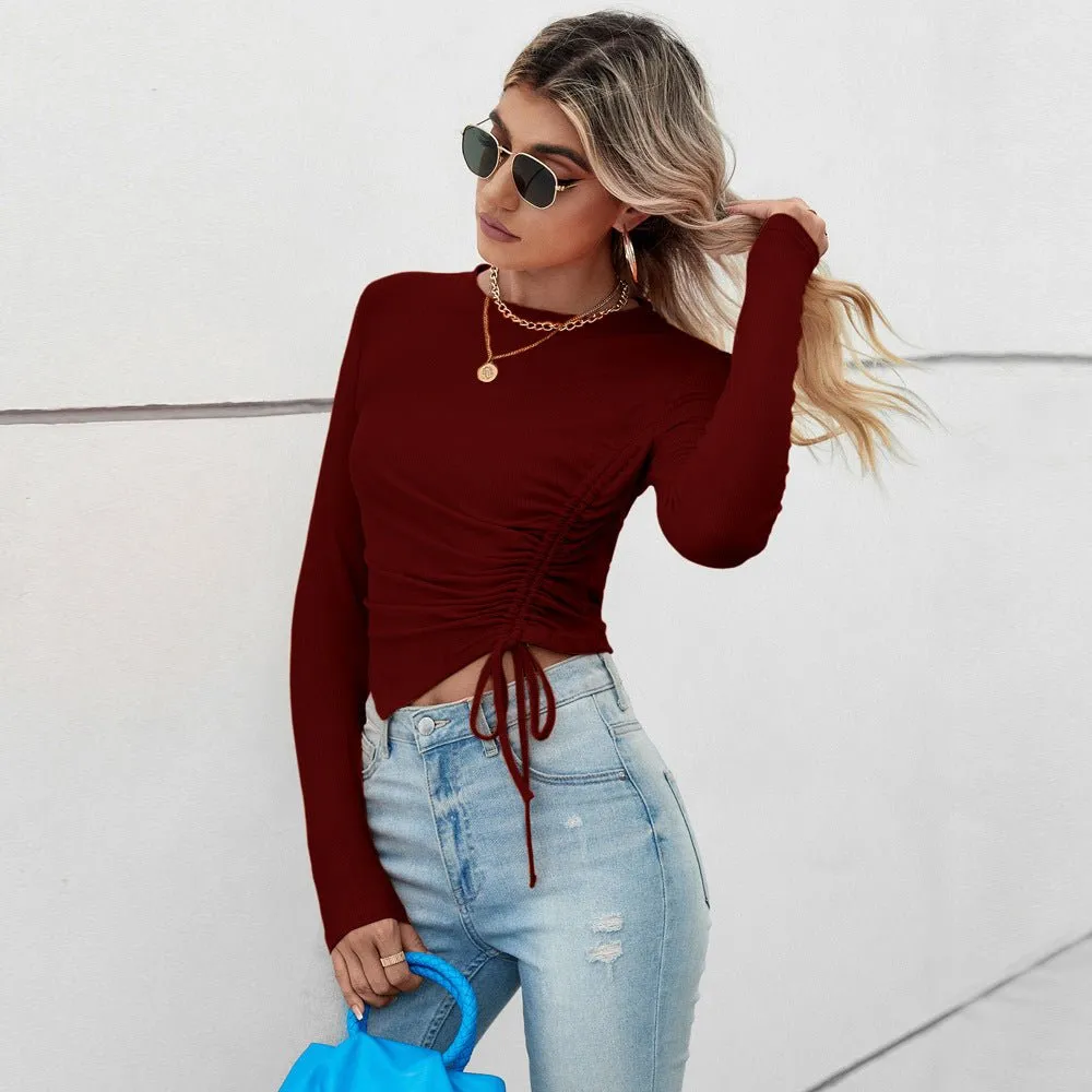 2025 Summer Comfortable Casual Irregular Short Pleated Slim Fit Long Sleeve Women's T-shirt FD sold by Negative product image thumbnail 4
