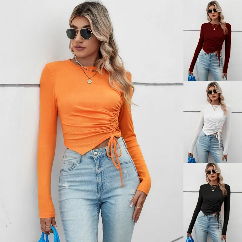 2025 Summer Comfortable Casual Irregular Short Pleated Slim Fit Long Sleeve Women's T-shirt FD made by Negative