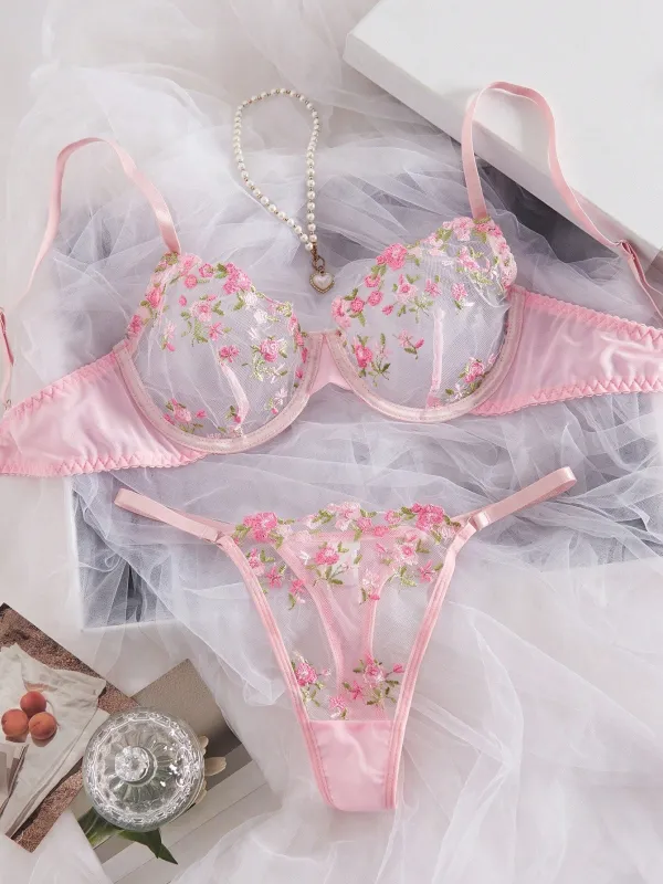 Women's Pink Floral Embroidered Mesh Camisole Bra And Thong Panty Lingerie Set FD made by Negative