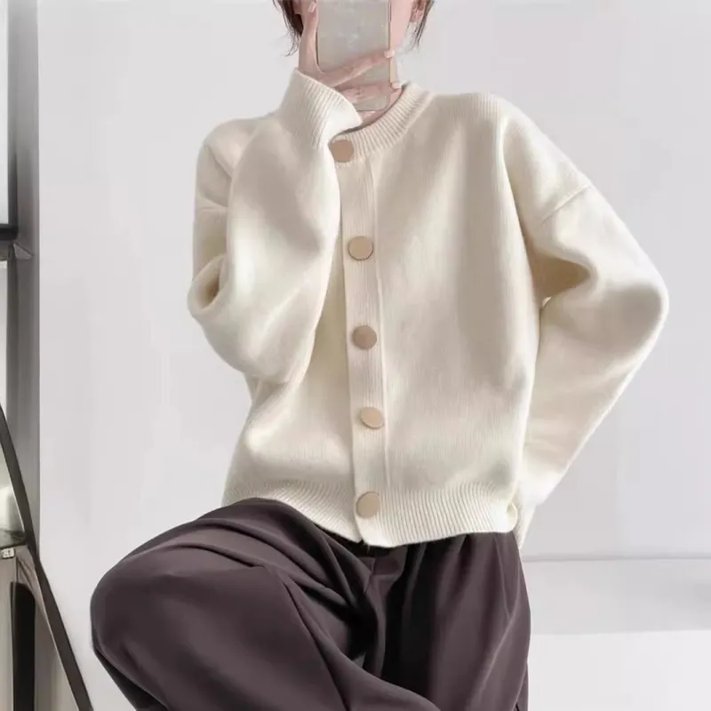 Women’s Solid Color Button Cardigan Sweater – Loose Fit Lazy Wind Knitwear, Autumn 2025 Collection FD made by Negative
