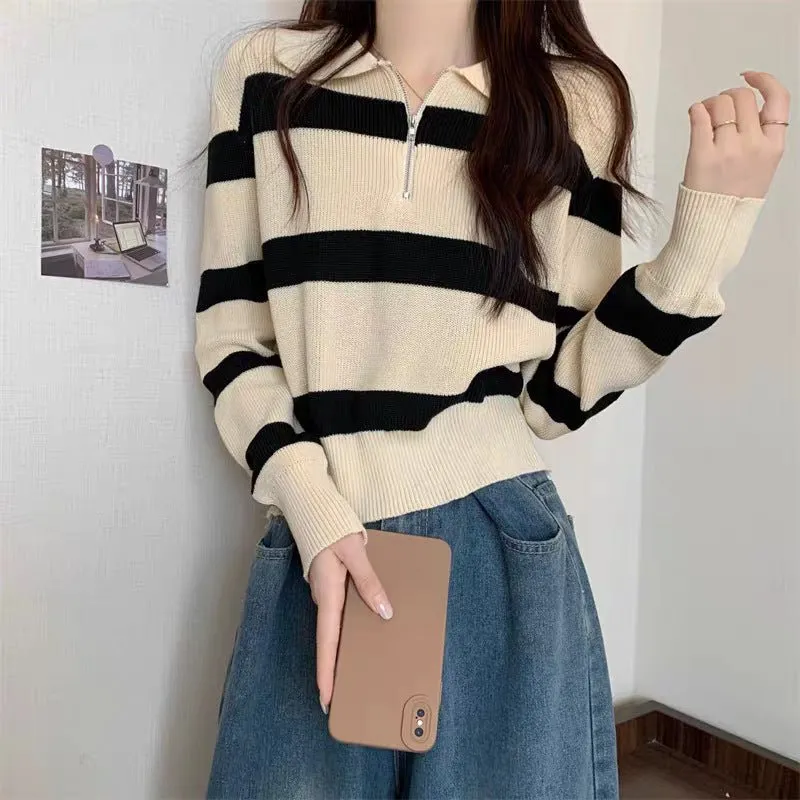 Women’s Striped Polo-Collar Pullover Sweater – Loose-Fit Japanese & Korean Casual, Autumn 2025 FD sold by Negative