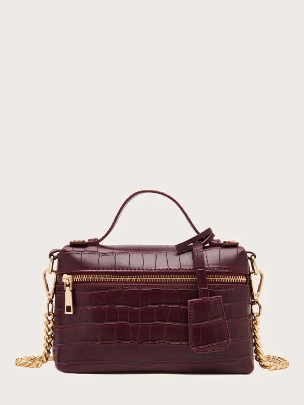 Zip Front Crocodile Embossed Satchel Bag With Bag Charm (FD) made by Negative