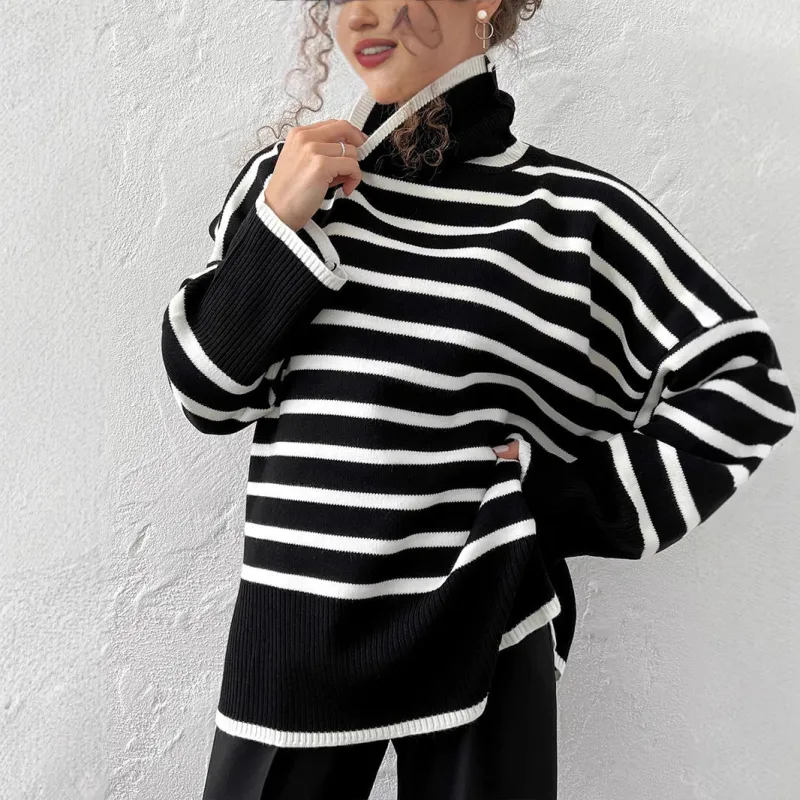 Striped High-Neck Pullover Sweater for Women | Loose Fit Korean Style Knitwear | Thick Viscose Blend Casual Top | Lazy Wind Fashion 2025 (FD) sold by Negative