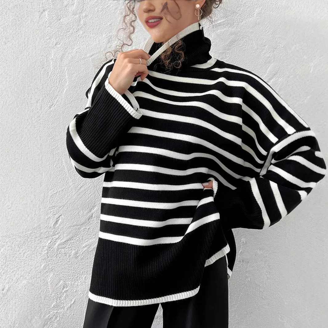 Striped High-Neck Pullover Sweater for Women | Loose Fit Korean Style Knitwear | Thick Viscose Blend Casual Top | Lazy Wind Fashion 2025 (FD) sold by Negative