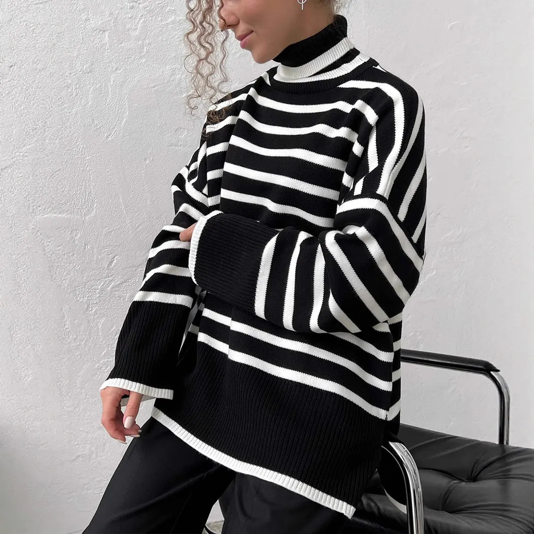 Striped High-Neck Pullover Sweater for Women | Loose Fit Korean Style Knitwear | Thick Viscose Blend Casual Top | Lazy Wind Fashion 2025 (FD) sold by Negative product image thumbnail 2