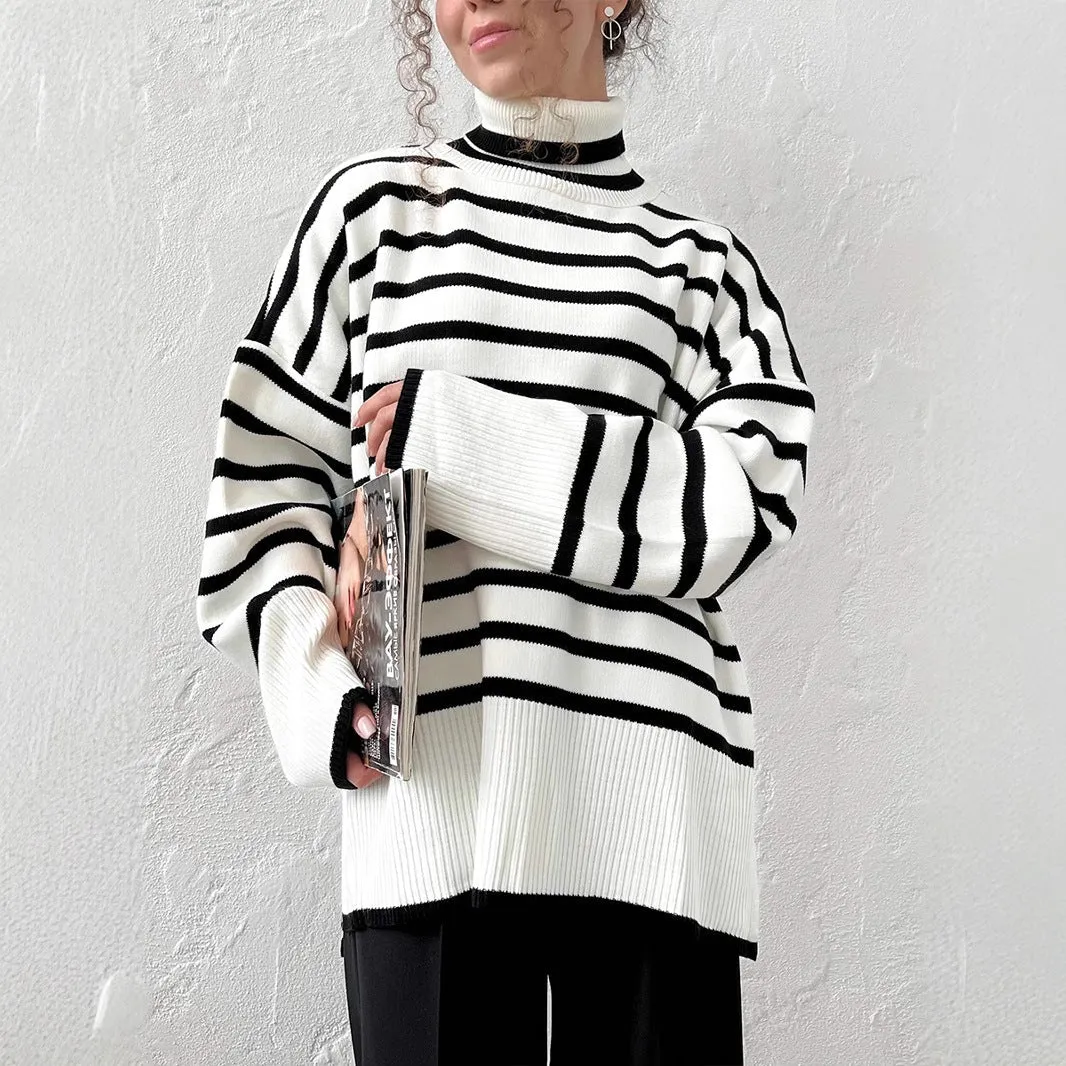 Striped High-Neck Pullover Sweater for Women | Loose Fit Korean Style Knitwear | Thick Viscose Blend Casual Top | Lazy Wind Fashion 2025 (FD) sold by Negative product image thumbnail 3