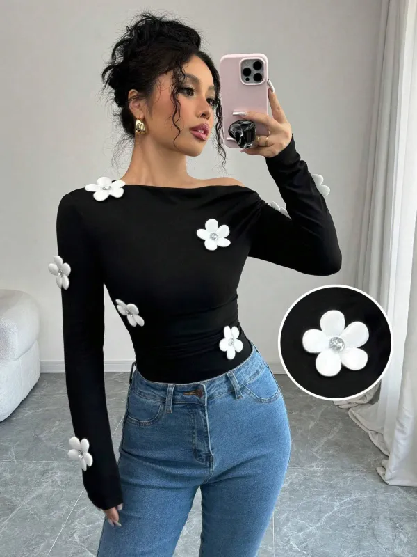 Women's Fashion Floral Print Asymmetrical Shoulder Long Sleeve Tight T-Shirt Graphic Tees Women Tops FD made by Negative