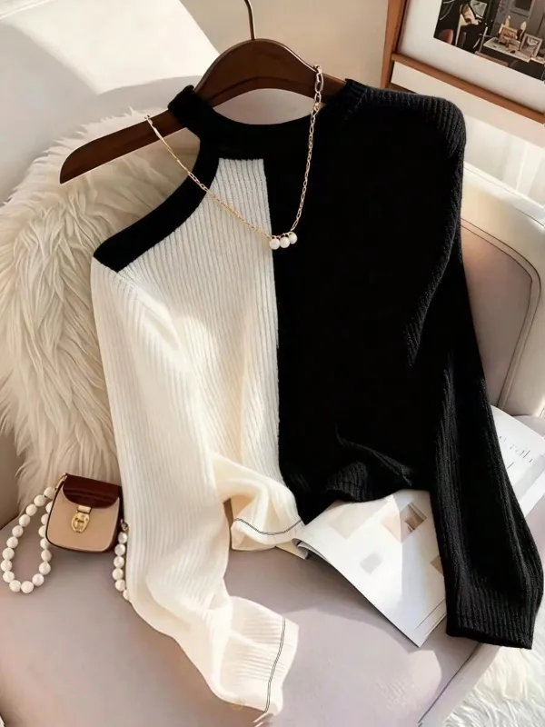 Women's Color Block Asymmetric Shoulder Long Sleeve T-Shirt, Ribbed Knit Top FD sold by Negative