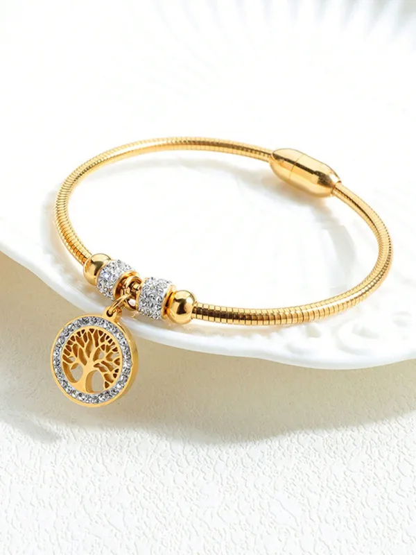 1pc Fashion Stainless Steel Rhinestone & Tree Decor Round Charm Bangle FD made by Negative