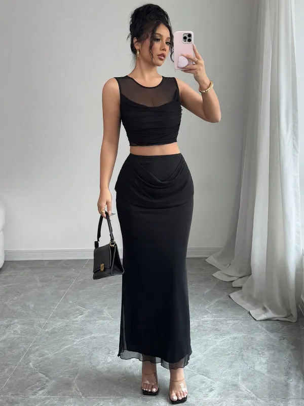 2pcs/Set Women Sheer Mesh Splice Cropped Tank Top And Skirt Set FD sold by Negative