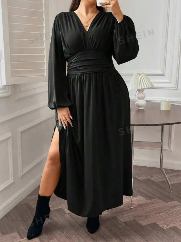SHEIN Frenchy Plus Size Women's Pleated High Side Split Dress FD made by Negative