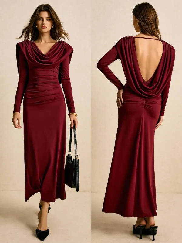 Burgundy Draped Cowl-Neck Ruched Maxi Dress FD sold by Negative